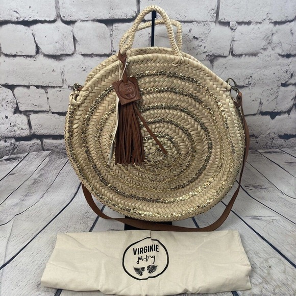 Virginie Straw Woven Sequin‎ Bohemian Circle Tote Bag Purse Leather Tassels - Picture 1 of 11